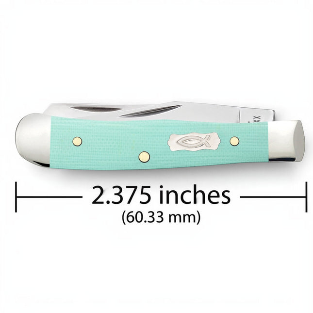 Razor Sharp AZ Case Tiny Trapper pocket knife with seafoam green G-10 handle and sterling silver Ichthus shield