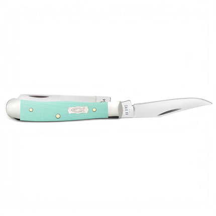 Razor Sharp AZ Case Tiny Trapper pocket knife with seafoam green G-10 handle, sterling silver Ichthus shield, and blade