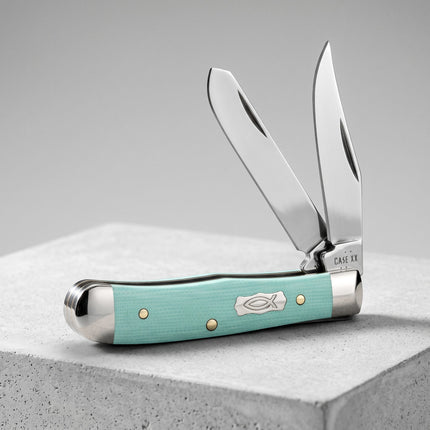 Razor Sharp AZ Case Tiny Trapper pocket knife with seafoam green G-10 handle, two stainless steel blades, and Ichthus