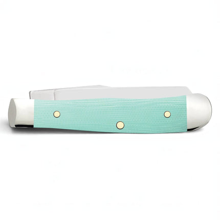 Razor Sharp AZ Case Tiny Trapper pocket knife with a smooth seafoam green G-10 handle and polished nickel bolsters.