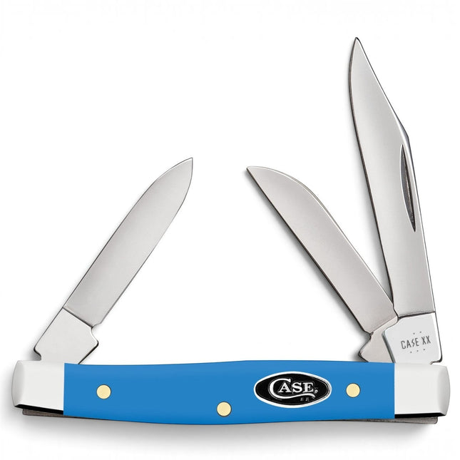 Razor Sharp AZ Case Small Stockman pocket knife with light blue synthetic handle, three stainless steel blades.