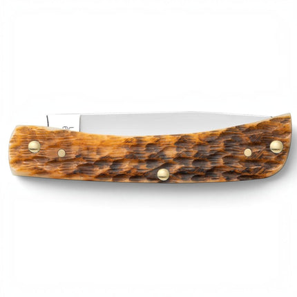 Razor Sharp AZ Case Sod Buster Jr pocket knife with a peach seed jig amber bone handle and carbon steel blade.