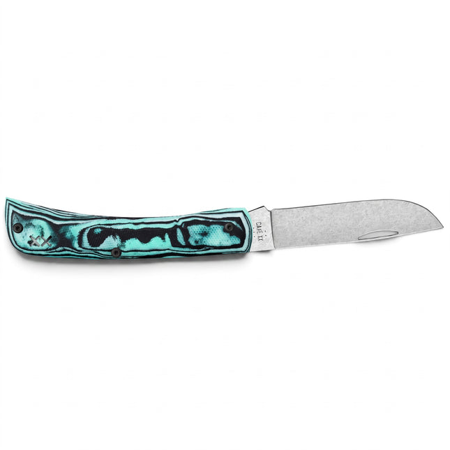 Razor Sharp AZ Case Sod Buster Jr. pocket knife with a seafoam green burl G-10 handle and stonewash S35VN steel blade.