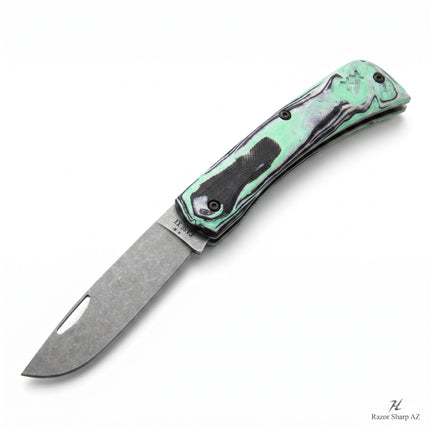Razor Sharp AZ Case Knives Sod Buster Jr. with a seafoam green burl G-10 handle and stonewashed S35VN steel blade.
