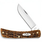 Razor Sharp AZ Case Sod Buster Jr pocket knife with a mirror-polished carbon steel blade and peach seed jig amber bone handle.