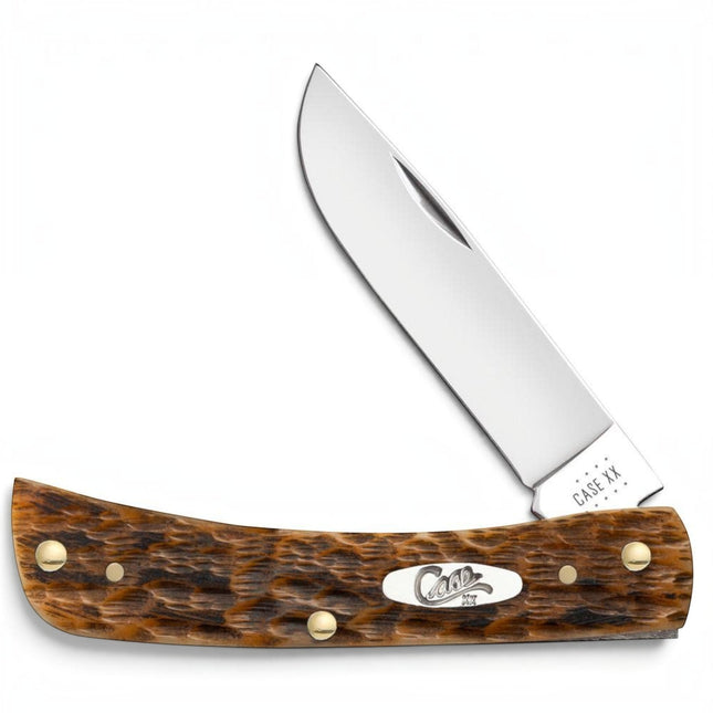 Razor Sharp AZ Case Sod Buster Jr pocket knife with a mirror-polished carbon steel blade and peach seed jig amber bone handle.