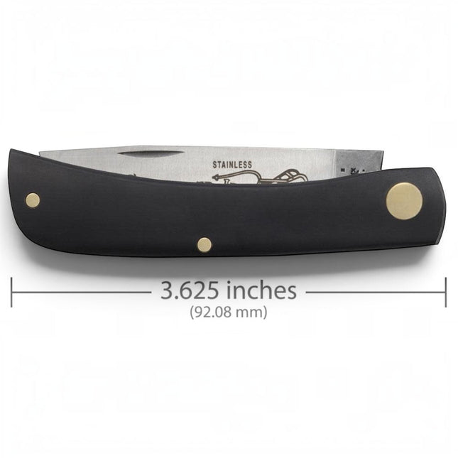 Razor Sharp AZ Case XX Sod Buster Jr folding knife with a black synthetic handle and brass pins, closed view.