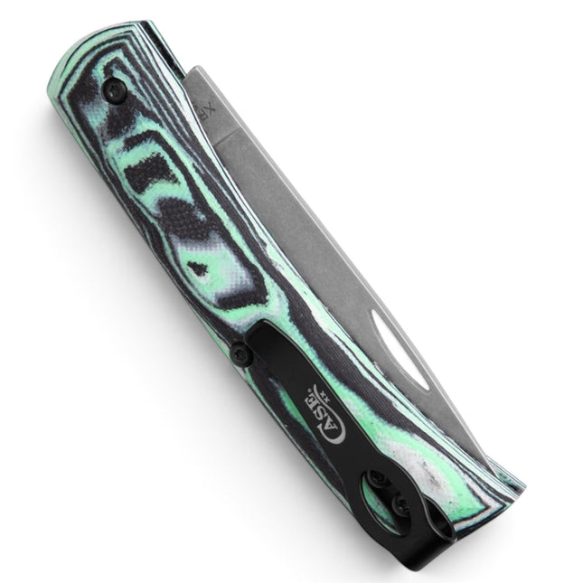Razor Sharp AZ Case Sod Buster Jr. pocket knife with seafoam green burl G-10 handle and stonewash S35VN steel blade.