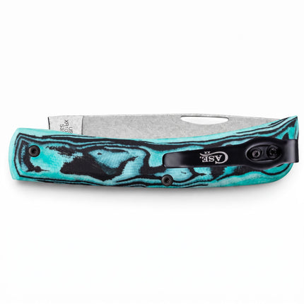 Razor Sharp AZ Case Sod Buster Jr. pocket knife with a seafoam green burl G-10 handle and black pocket clip