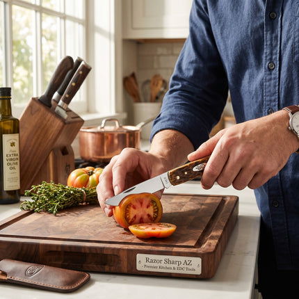 Razor Sharp AZ Case Sod Buster Jr knife with amber bone handle slicing a tomato on a wooden cutting board