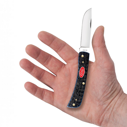 Razor Sharp AZ Case Sod Buster Jr knife with navy blue Rogers jig bone handle and mirror-polished stainless blade.