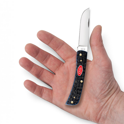 Razor Sharp AZ Case Sod Buster Jr knife with navy blue Rogers jig bone handle and mirror-polished stainless blade.