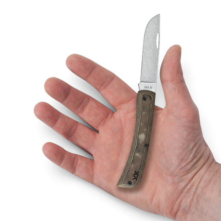 Razor Sharp AZ Case Crossroads XR Sod Buster Jr pocket knife with Luna Richlite handle held in an open palm