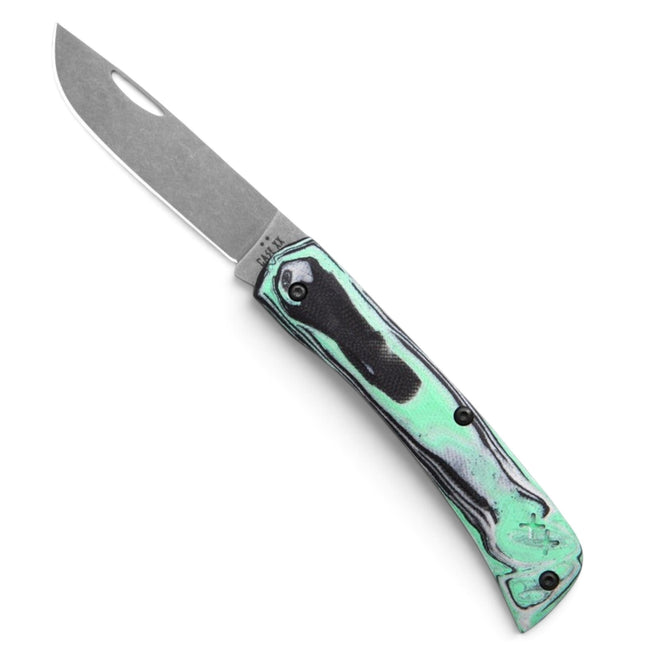 Razor Sharp AZ Case Sod Buster Jr. pocket knife with a seafoam green burl G-10 handle and stonewashed S35VN blade.