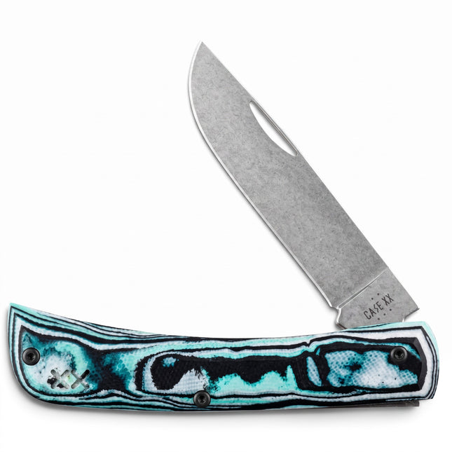 Razor Sharp AZ Case Sod Buster Jr. pocket knife with seafoam green burl G-10 handle and stonewash S35VN blade