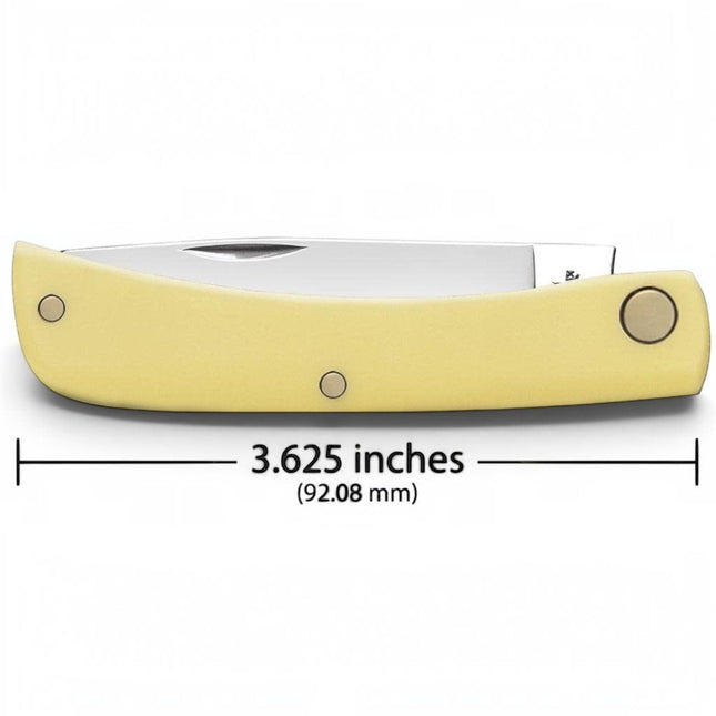 Razor Sharp AZ Case Sod Buster Jr pocket knife with a bright yellow synthetic handle and stainless steel blade.