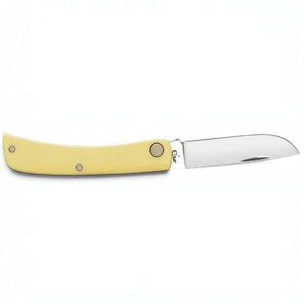Razor Sharp AZ Case Sod Buster Jr pocket knife with a yellow synthetic handle and stainless steel clip point blade.
