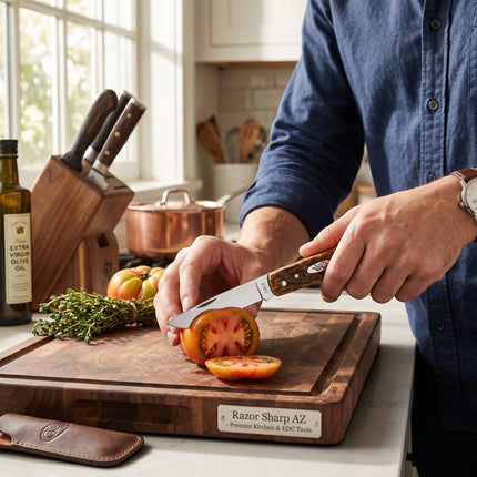 Razor Sharp AZ Case Sod Buster Jr knife with amber bone handle slicing a tomato on a wooden cutting board
