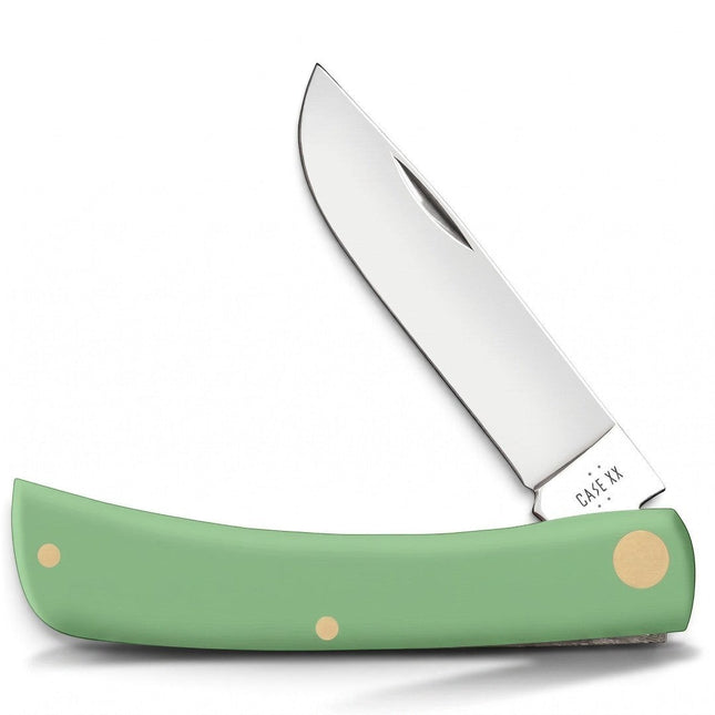 Razor Sharp AZ Case Sod Buster Jr. folding knife with a mint green synthetic handle and mirror-polished steel blade.