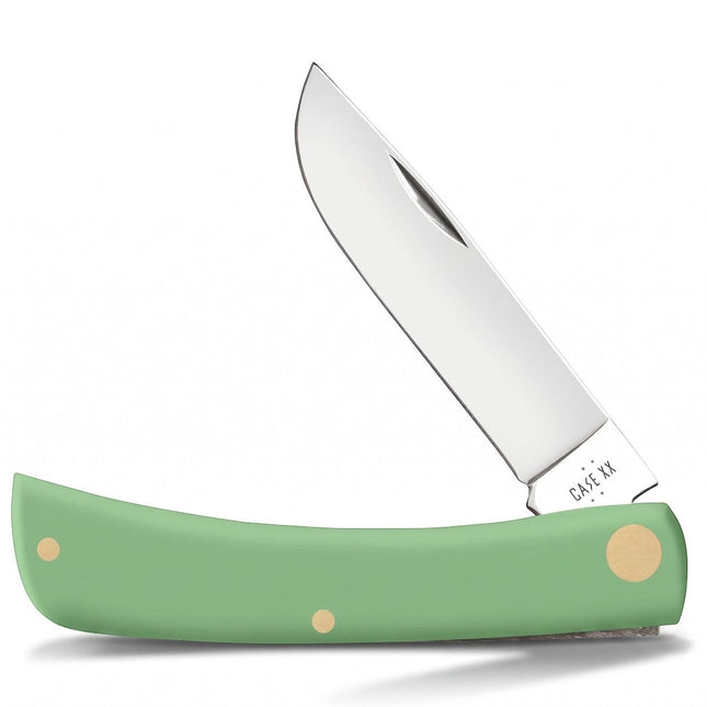 Razor Sharp AZ Case Sod Buster Jr. folding knife with a mint green synthetic handle and mirror-polished steel blade.