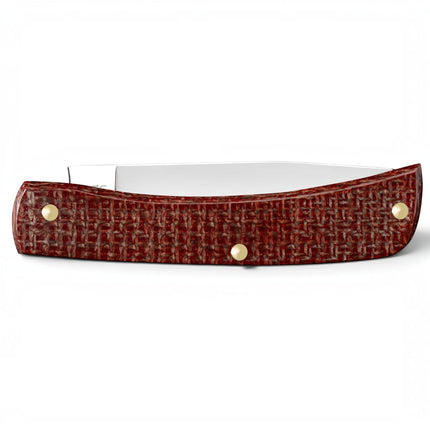 Razor Sharp AZ Case Sod Buster Jr pocket knife with a dark red burlap micarta handle and polished carbon steel blade.