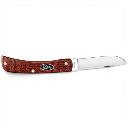 Razor Sharp AZ Case Sod Buster Jr pocket knife with a dark red burlap micarta handle and mirror-polished carbon blade
