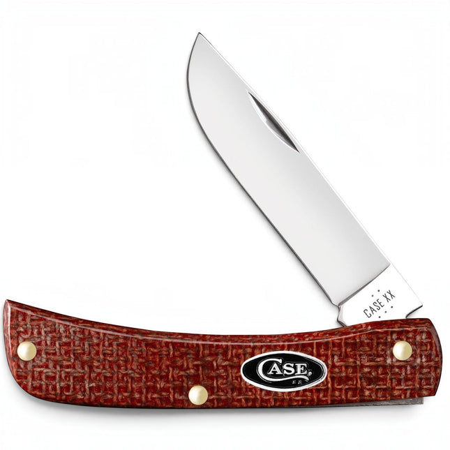 Razor Sharp AZ Case Sod Buster Jr pocket knife with a dark red burlap micarta handle and mirror-polished carbon blade.