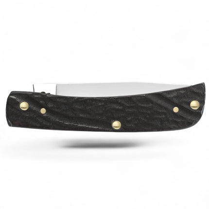 Razor Sharp AZ Case Sod Buster Jr pocket knife with black jigged synthetic handle and brass pins. Clip-point blade.