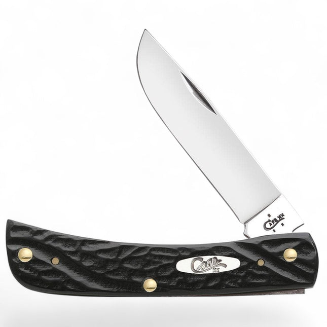 Razor Sharp AZ Case Sod Buster Jr pocket knife with black jigged synthetic handle and polished clip-point blade.