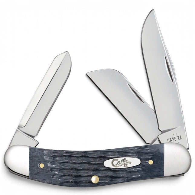 Razor Sharp AZ Case Sowbelly pocket knife with Crandall Jig gray bone handle and three mirror-polished steel blades.