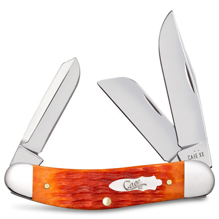 Razor Sharp AZ Case Crandall Sowbelly knife with orange and red jigged bone handle and three polished steel blades