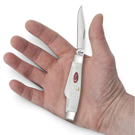 Razor Sharp AZ Case SparXX Medium Stockman pocket knife with white jigged synthetic handle and red shield in hand
