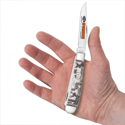 Razor Sharp AZ Case Sportsman Series Trapper knife with deer embellished natural bone handle held in a hand.
