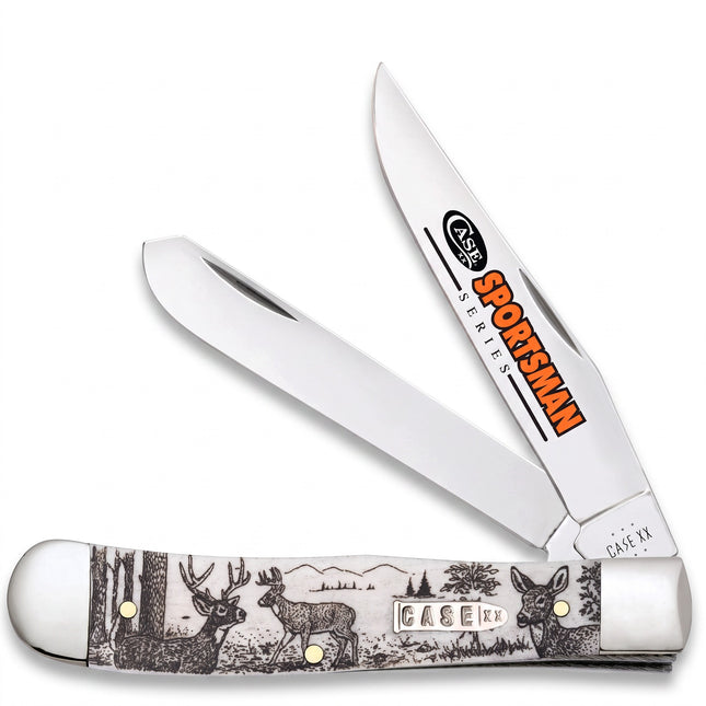 Razor Sharp AZ Case Sportsman Series Trapper knife with deer-embellished natural bone handle and stainless steel blades