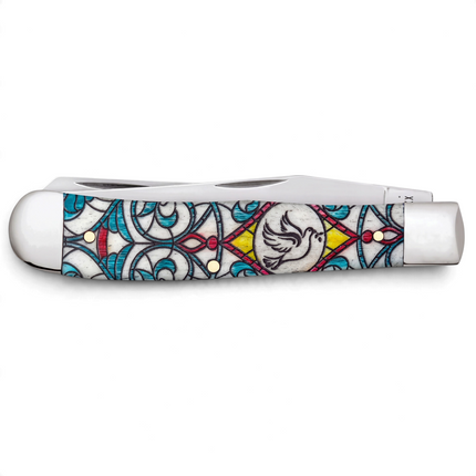 Razor Sharp AZ Case Stained Glass Dove Trapper knife with a colorful bone handle and polished nickel silver bolsters.
