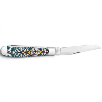 Razor Sharp AZ Case Stained Glass Dove Trapper knife with a colorful bone handle and mirror-polished steel blade.