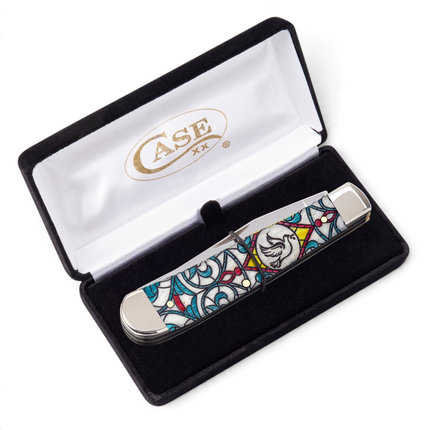 Razor Sharp AZ Case Stained Glass Dove Trapper knife with colorful bone handle in a black velvet presentation box.