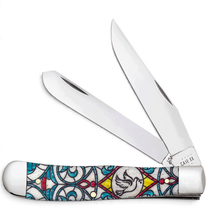 Razor Sharp AZ Case Stained Glass Dove Trapper knife with colorful natural bone handle and polished steel blades.