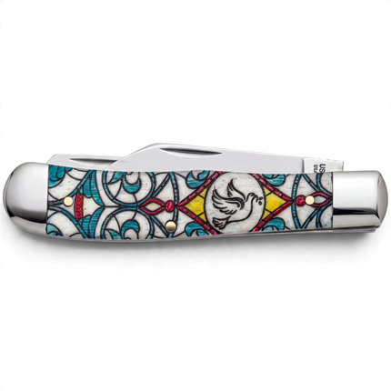 Razor Sharp AZ Case Stained Glass Dove Trapper knife with a natural bone handle featuring colorful dove artwork.