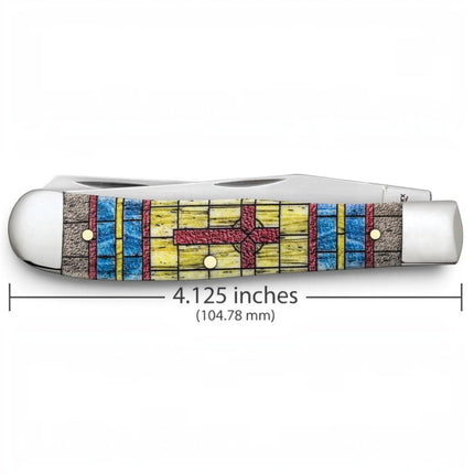 Razor Sharp AZ Case Trapper knife with a smooth natural bone handle featuring a stained glass cross design.