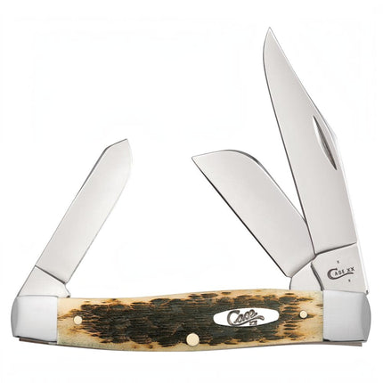 Razor Sharp AZ Case Large Stockman knife with amber bone handle, peach seed jigging, and three carbon steel blades.