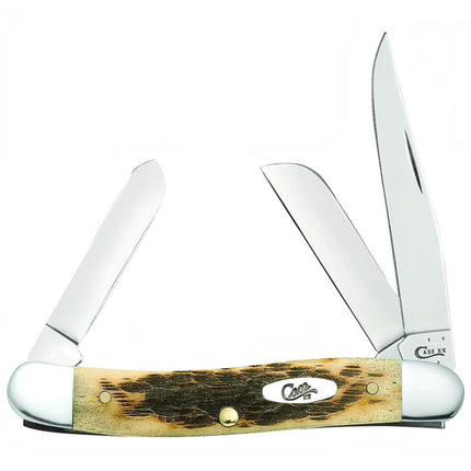 Razor Sharp AZ Case Medium Stockman knife with peach seed jig amber bone handle and three polished carbon steel blades
