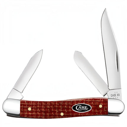 Razor Sharp AZ Case Medium Stockman pocket knife with dark red burlap Micarta handle and three carbon steel blades.