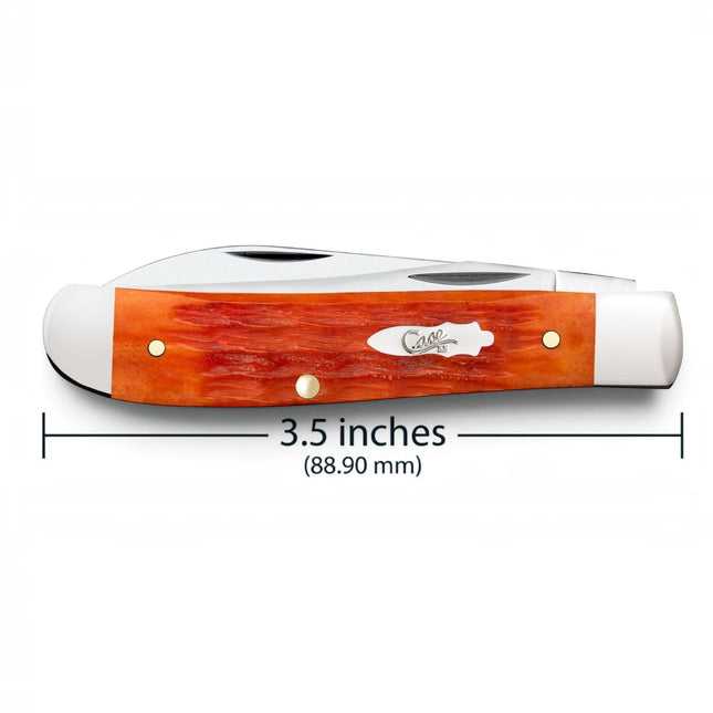Razor Sharp AZ Case Crandall Mini Trapper knife with orange jigged bone handle and mirror-polished steel blades