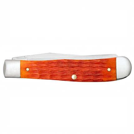 Razor Sharp AZ Case Crandall Trapper pocket knife with a textured orange and red jigged bone handle and steel bolsters
