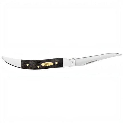 Razor Sharp AZ Case Texas Toothpick pocket knife with black curly oak handle, brass shield, and polished steel blade
