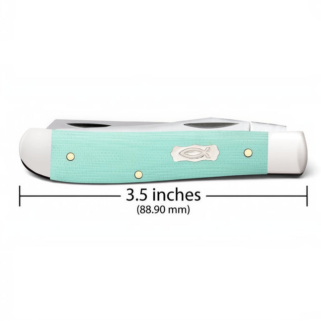 Razor Sharp AZ Case Mini Trapper pocket knife with a smooth Tiffany Blue G-10 handle and Ichthus fish shield