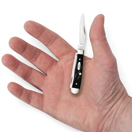 Razor Sharp AZ Case Tiny Trapper pocket knife with black jigged synthetic handle held in a palm for scale