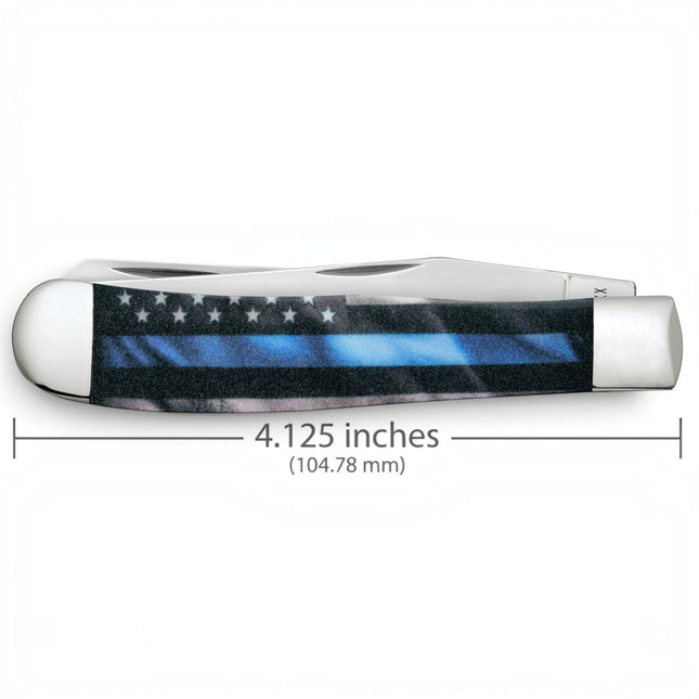 Razor Sharp AZ Case Trapper pocket knife featuring a Thin Blue Line flag design on a synthetic handle with silver