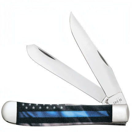 Razor Sharp AZ Case Trapper knife with Stripes of Service blue line flag handle and two polished stainless steel blades